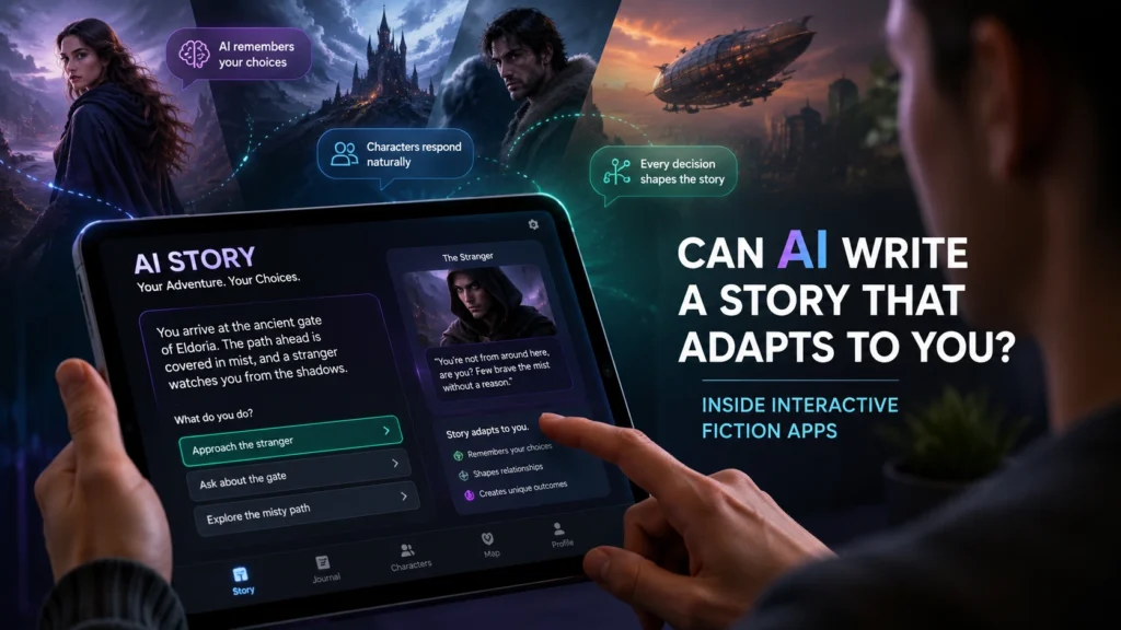 Person using an AI-powered interactive fiction app where adaptive characters and dynamic storytelling create a personalized adventure based on the reader's choices.