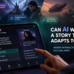 Person using an AI-powered interactive fiction app where adaptive characters and dynamic storytelling create a personalized adventure based on the reader's choices.