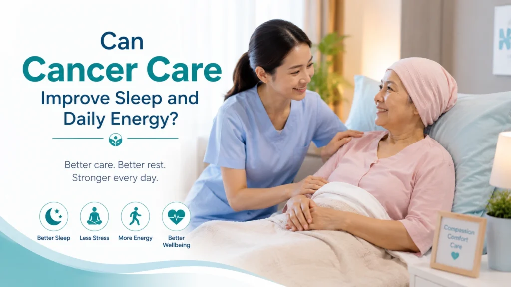 Compassionate cancer care professional supporting a patient to improve sleep quality, reduce fatigue, and boost daily energy during personalized cancer treatment.