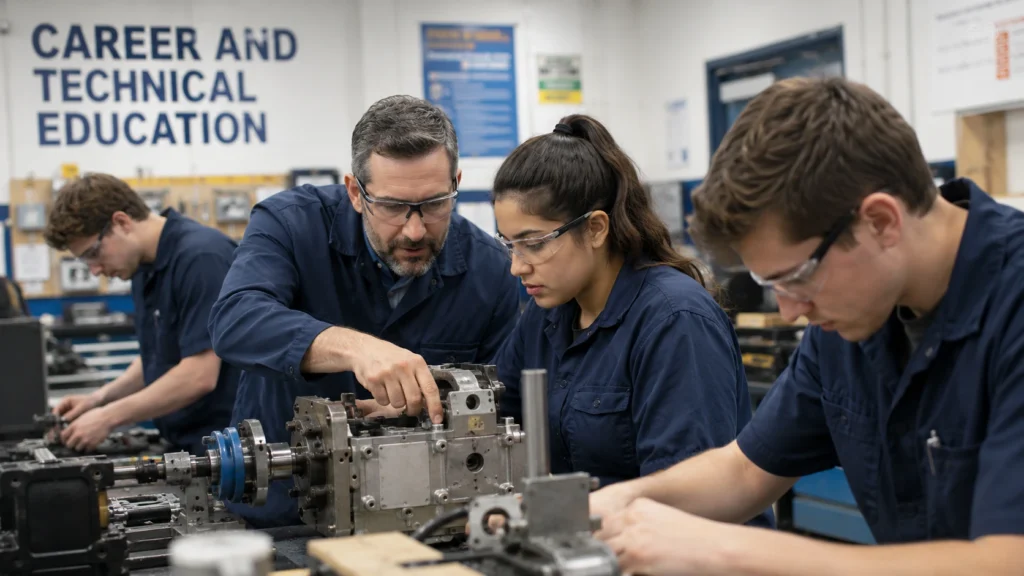 Students participating in a Career and Technical Education (CTE) program with an instructor, gaining hands-on skills and work-ready experience in a modern technical classroom.