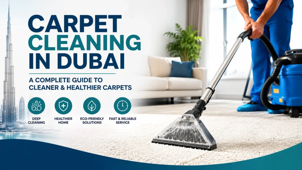 Carpet cleaning in Dubai guide featuring professional steam carpet cleaning in a modern home for cleaner, healthier, and longer-lasting carpets.