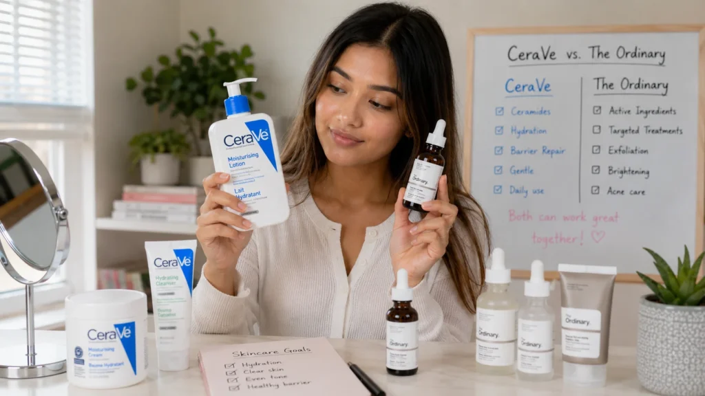 Young Gen Z woman comparing CeraVe and The Ordinary skincare products to evaluate hydration, active ingredients, and overall skincare effectiveness.