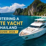 Luxury private yacht sailing through the crystal-clear waters of Thailand with tropical islands, illustrating the 2026 price guide for chartering a private yacht in Thailand.