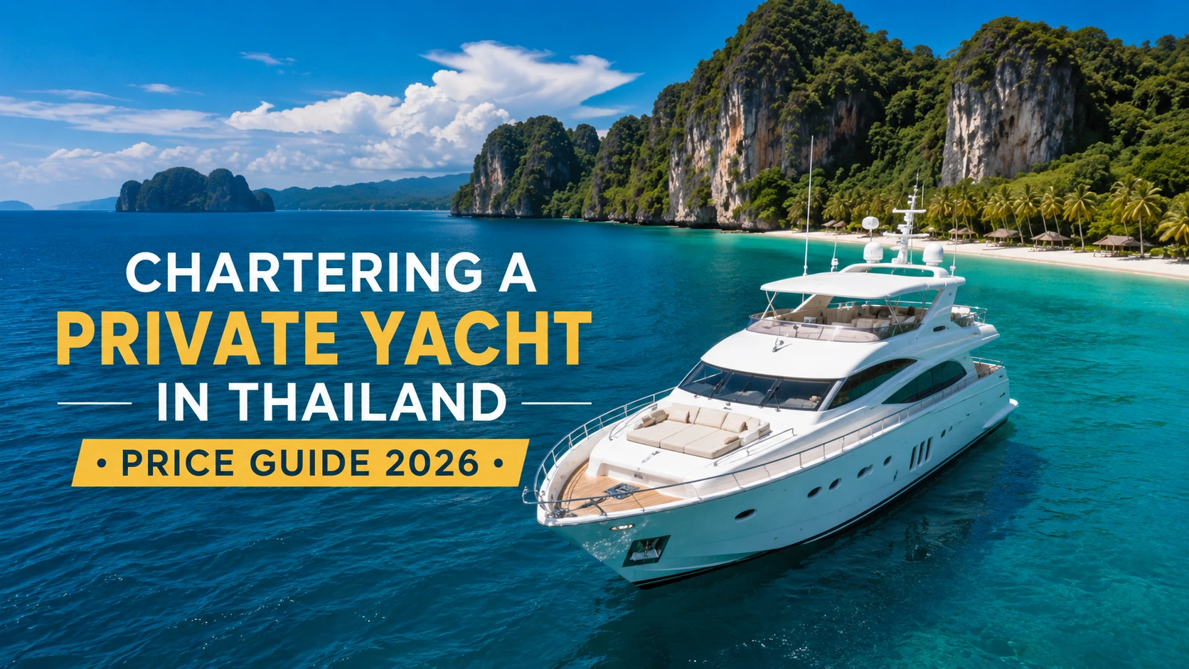 Luxury private yacht sailing through the crystal-clear waters of Thailand with tropical islands, illustrating the 2026 price guide for chartering a private yacht in Thailand.