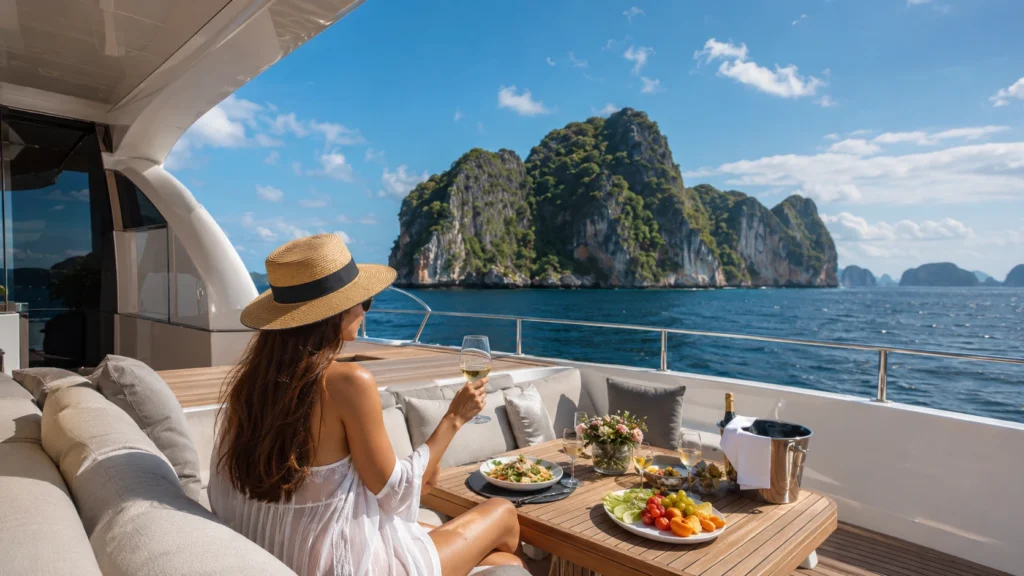 Luxury private yacht cruising through the turquoise waters of Thailand with scenic limestone islands, illustrating the cost and experience of chartering a private yacht in Thailand.