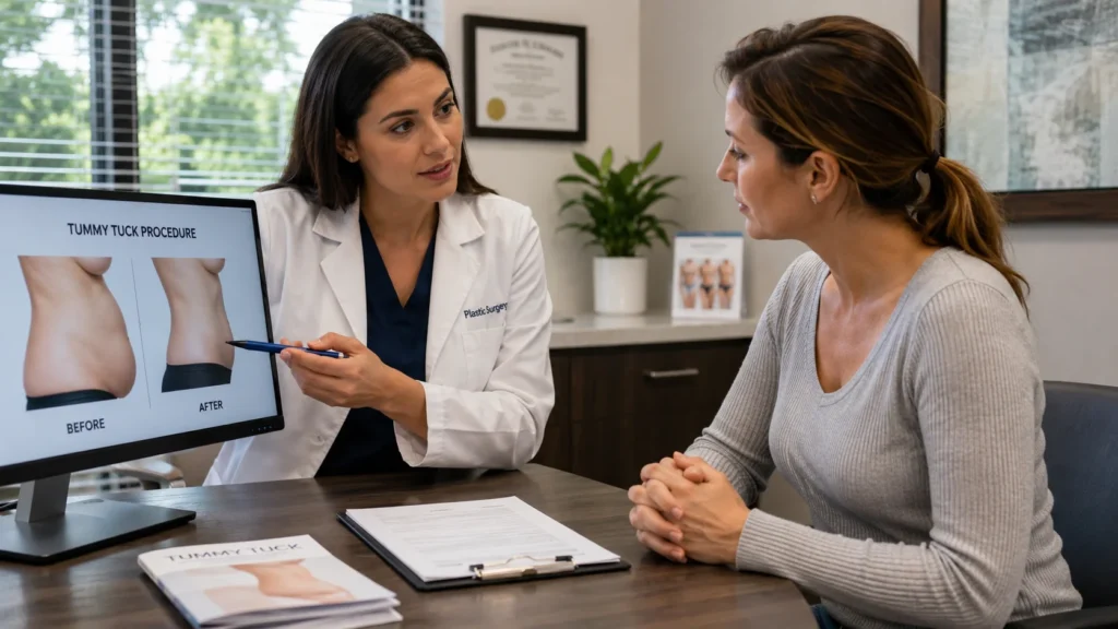 Plastic surgeon consulting with a patient about choosing the right surgeon for a tummy tuck procedure in a modern medical clinic.