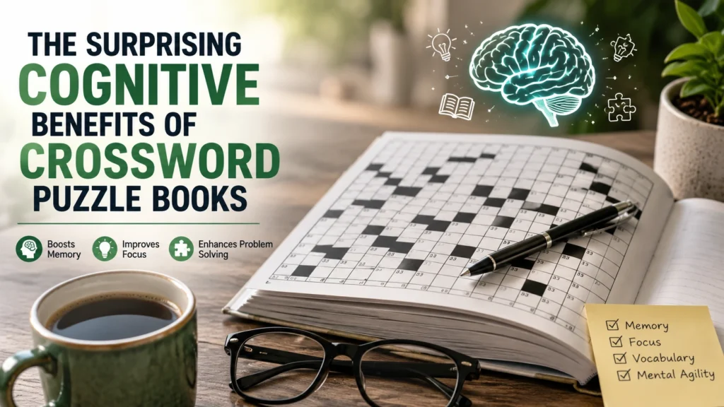Featured image showing a crossword puzzle book with brain health illustrations representing improved memory, focus, and cognitive function.