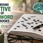 Featured image showing a crossword puzzle book with brain health illustrations representing improved memory, focus, and cognitive function.