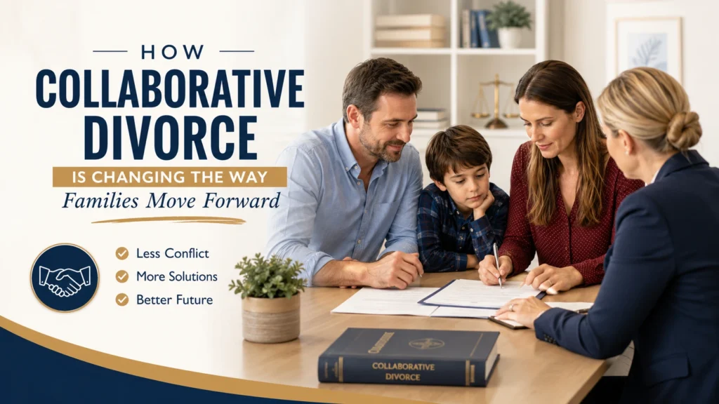 Collaborative divorce meeting with parents, child, and attorneys discussing a peaceful divorce agreement and future co-parenting plan.