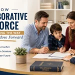 Collaborative divorce meeting with parents, child, and attorneys discussing a peaceful divorce agreement and future co-parenting plan.