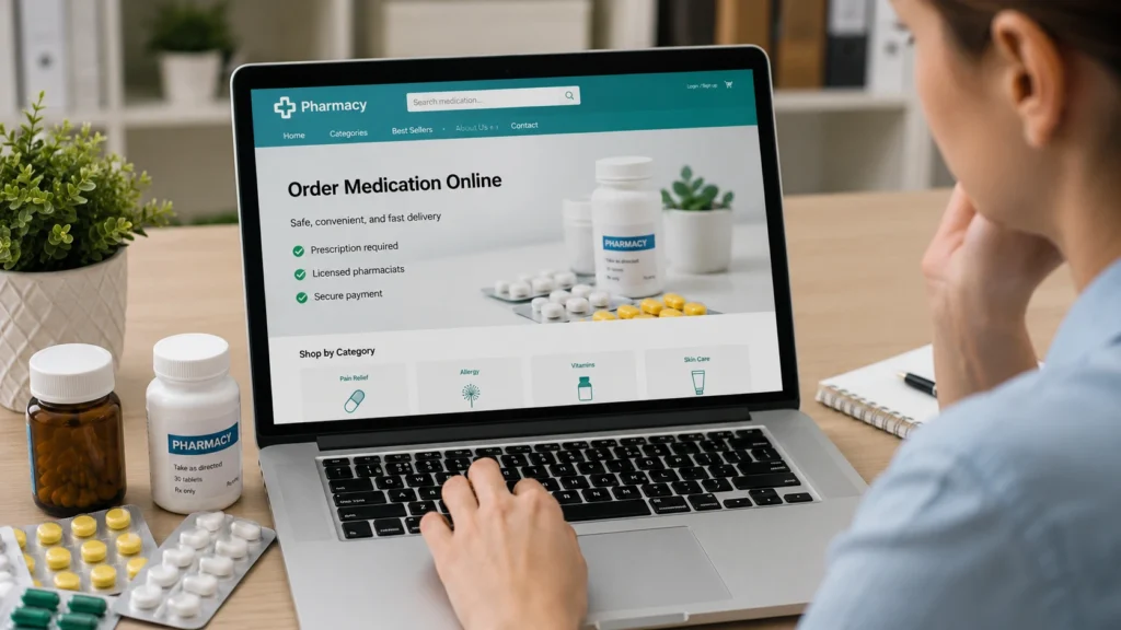 Person ordering prescription medication online from a licensed pharmacy website with medicine bottles and laptop, illustrating safe online medication purchasing.