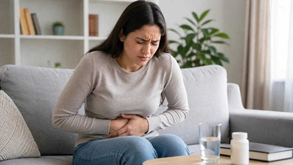 Woman holding her stomach due to digestive discomfort, illustrating common warning signs of digestive problems such as bloating, stomach pain, and abdominal discomfort.