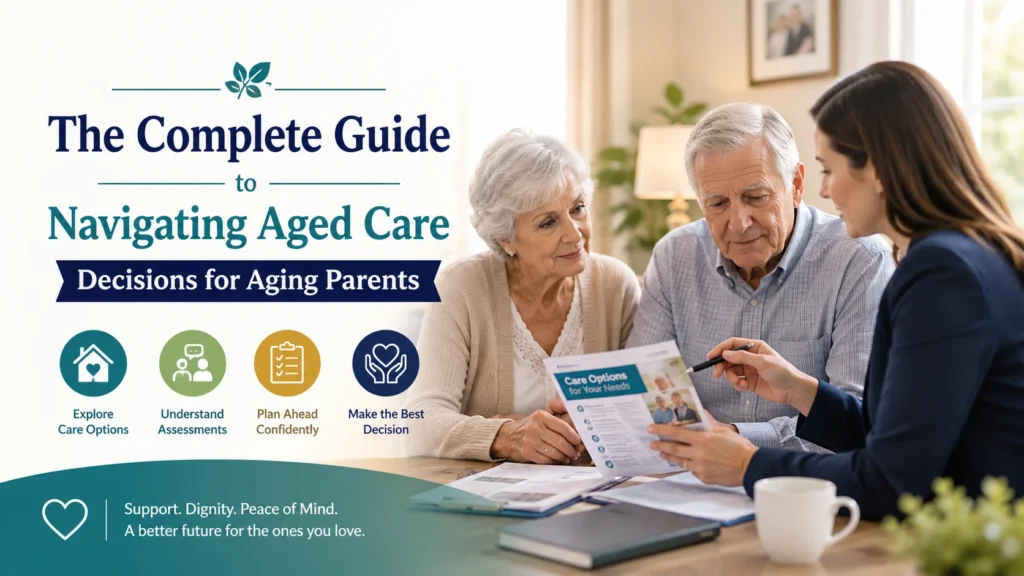 Featured image showing an elderly couple consulting with an aged care advisor about home care options, ACAT assessments, financial planning, and support services for aging parents.