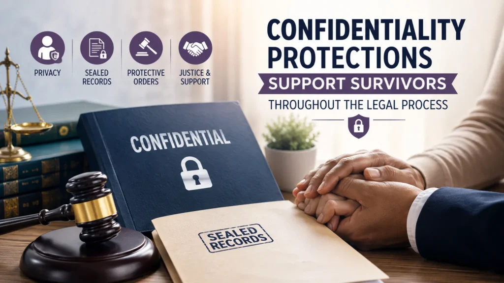Confidentiality protections supporting survivors during the legal process with sealed records, protective orders, privacy safeguards, and legal justice symbols.