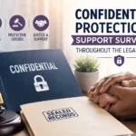 Confidentiality protections supporting survivors during the legal process with sealed records, protective orders, privacy safeguards, and legal justice symbols.