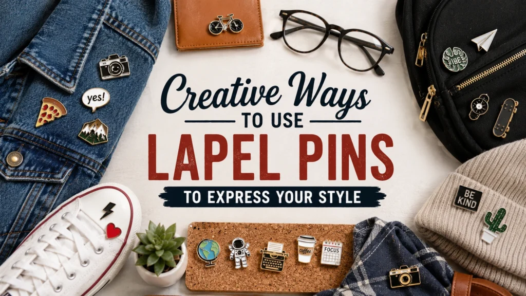 Stylish collection of custom lapel pins on a blazer, denim jacket, hat, and backpack showcasing creative ways to express personal style through fashion accessories.