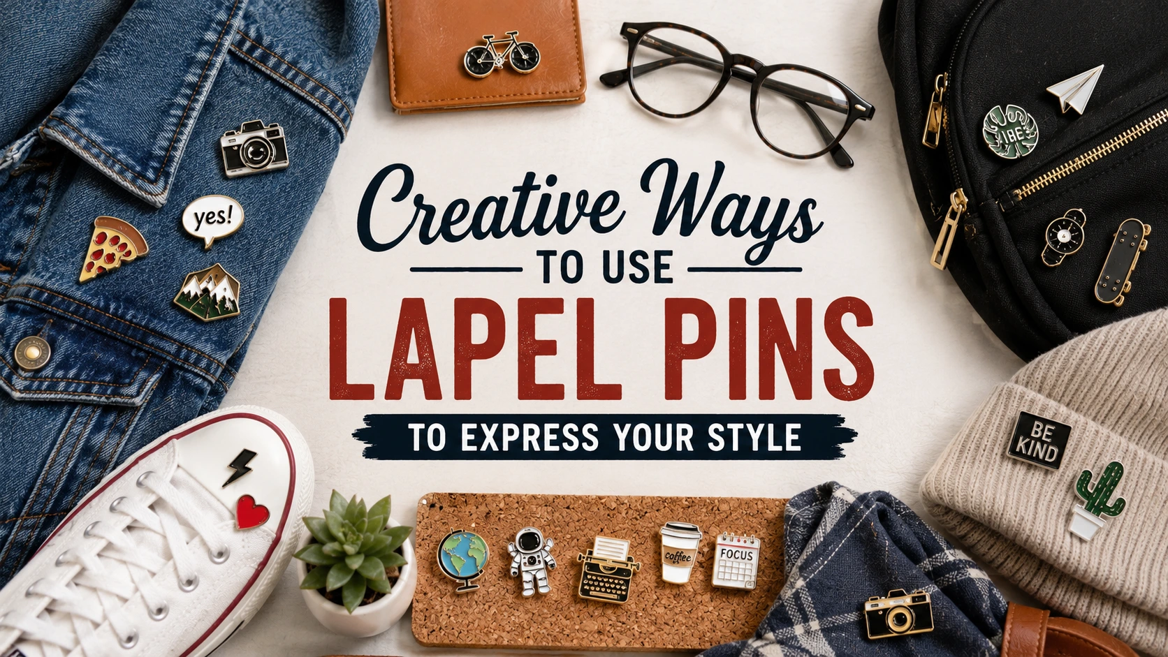 Stylish collection of custom lapel pins on a blazer, denim jacket, hat, and backpack showcasing creative ways to express personal style through fashion accessories.