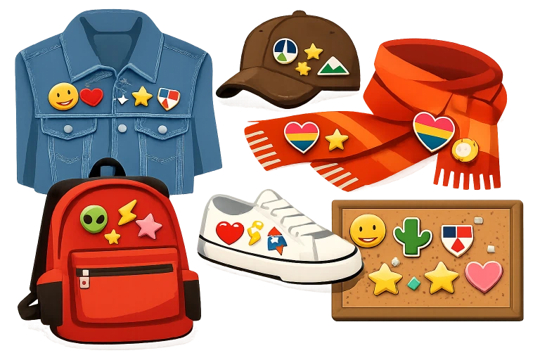 Collection of colorful lapel pins displayed on a denim jacket, backpack, hat, and scarf to showcase creative fashion styling ideas.