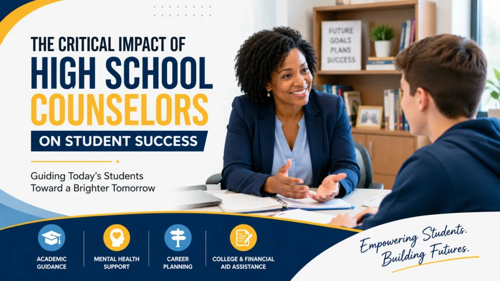 Professional high school counselor helping a student with academic planning, college readiness, career guidance, and mental health support in a school counseling office.