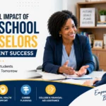 Professional high school counselor helping a student with academic planning, college readiness, career guidance, and mental health support in a school counseling office.