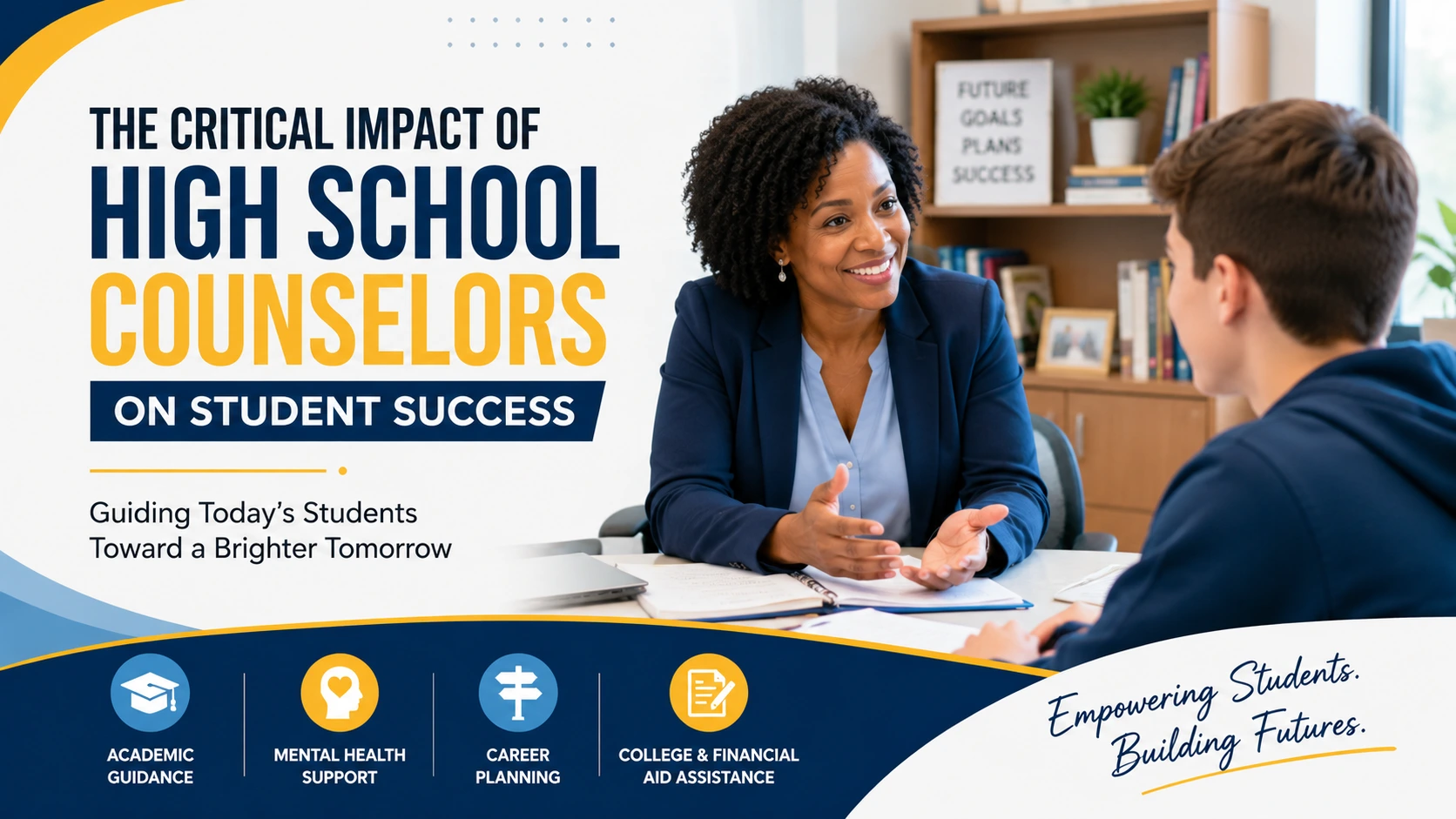 Professional high school counselor helping a student with academic planning, college readiness, career guidance, and mental health support in a school counseling office.