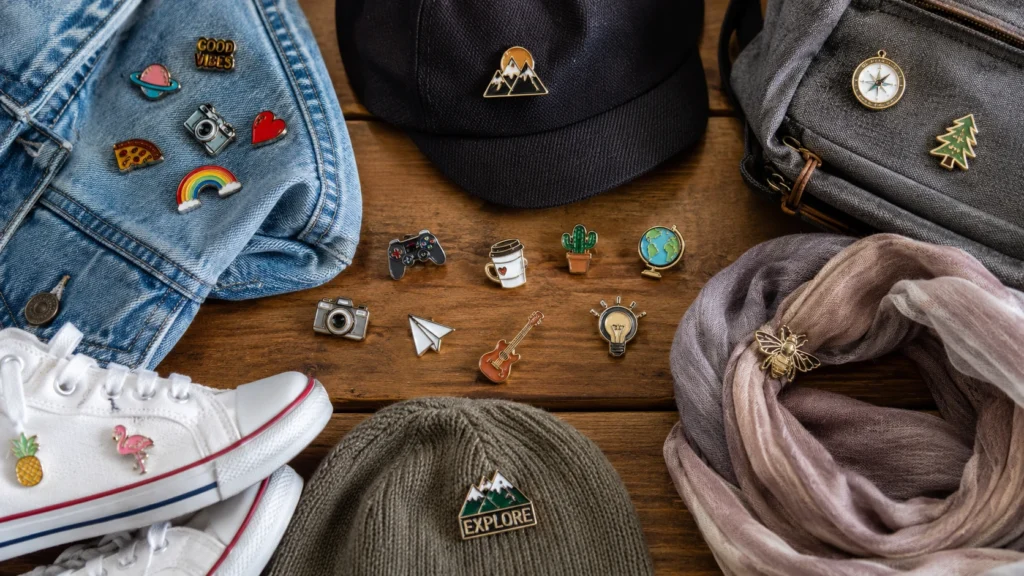 Creative ways to style lapel pins on a denim jacket, backpack, hat, shoes, scarf, and fashion accessories for a unique personal look.