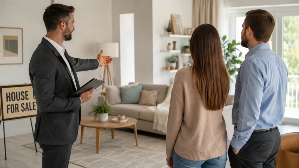 Real estate agent showing a clean and staged home to potential buyers as part of effective strategies to sell your home faster