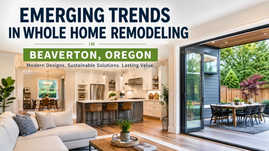 Featured image showcasing a modern whole home remodeling project in Beaverton, Oregon, with an open-concept kitchen, seamless indoor-outdoor living space, and contemporary home design.