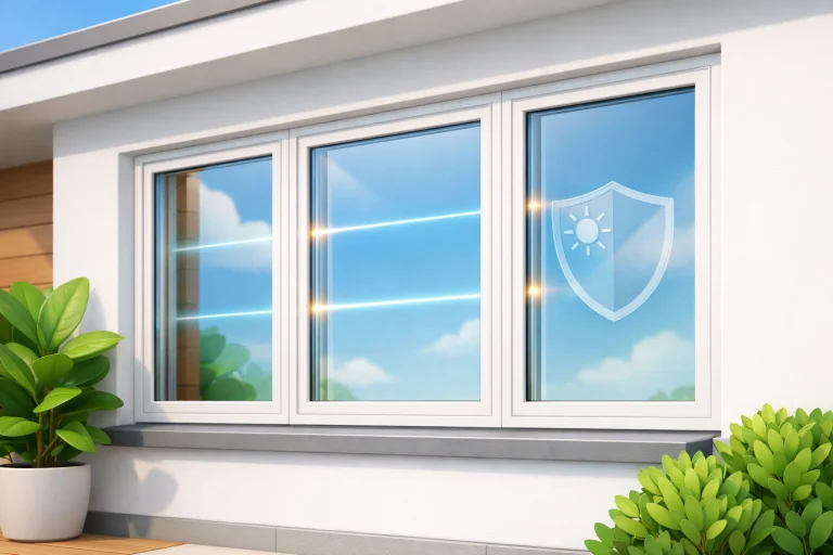 Energy-efficient home windows with Low-E glass and double-pane insulation reducing heating and cooling costs.
