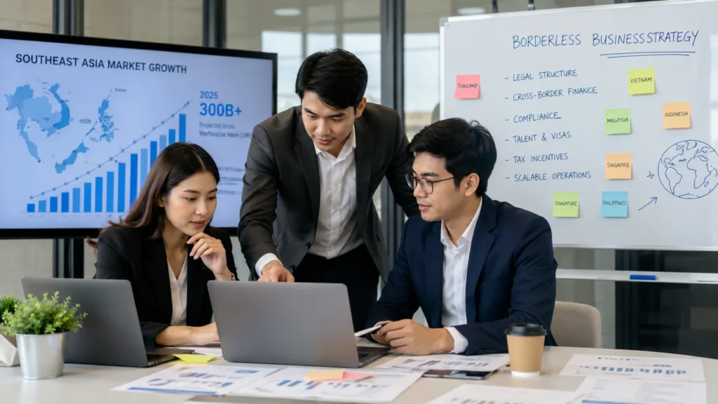 Business professionals planning a borderless business expansion in Southeast Asia using digital finance, legal compliance, and cross-border growth strategies.