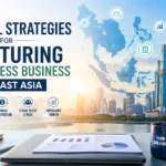 Modern business illustration showing Southeast Asia's digital economy, cross-border business strategy, financial infrastructure, legal compliance, and international business expansion.