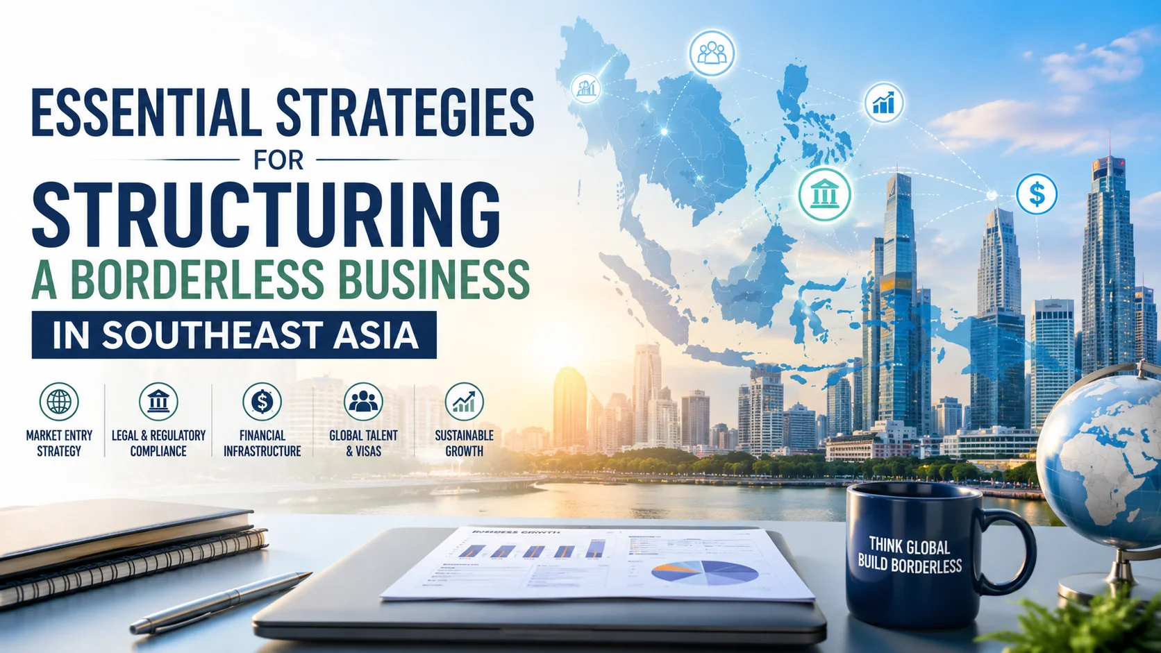 Modern business illustration showing Southeast Asia's digital economy, cross-border business strategy, financial infrastructure, legal compliance, and international business expansion.