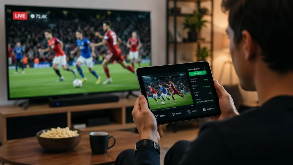 Person watching a live sports broadcast on a smart TV while monitoring stream quality, latency, and security metrics on a tablet in a modern living room.