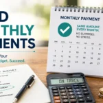 Person planning a monthly budget with fixed loan payments, calculator, calendar, and savings jar to demonstrate better financial control and predictable budgeting.