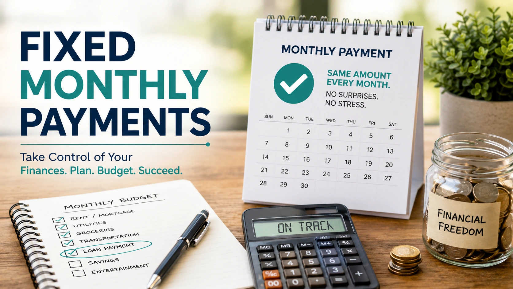 Person planning a monthly budget with fixed loan payments, calculator, calendar, and savings jar to demonstrate better financial control and predictable budgeting.