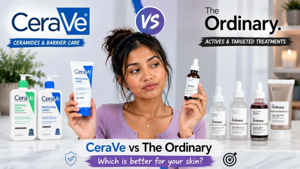 Gen Z woman comparing CeraVe and The Ordinary skincare products to evaluate effectiveness for different skin types and concerns.
