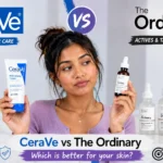 Gen Z woman comparing CeraVe and The Ordinary skincare products to evaluate effectiveness for different skin types and concerns.
