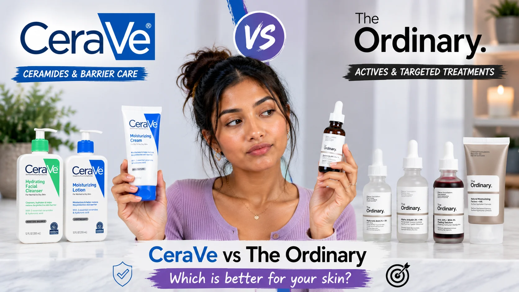 Gen Z woman comparing CeraVe and The Ordinary skincare products to evaluate effectiveness for different skin types and concerns.