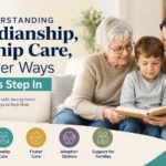 Grandparent and family member reading with a child, representing guardianship, kinship care, adoption, and family support for children.