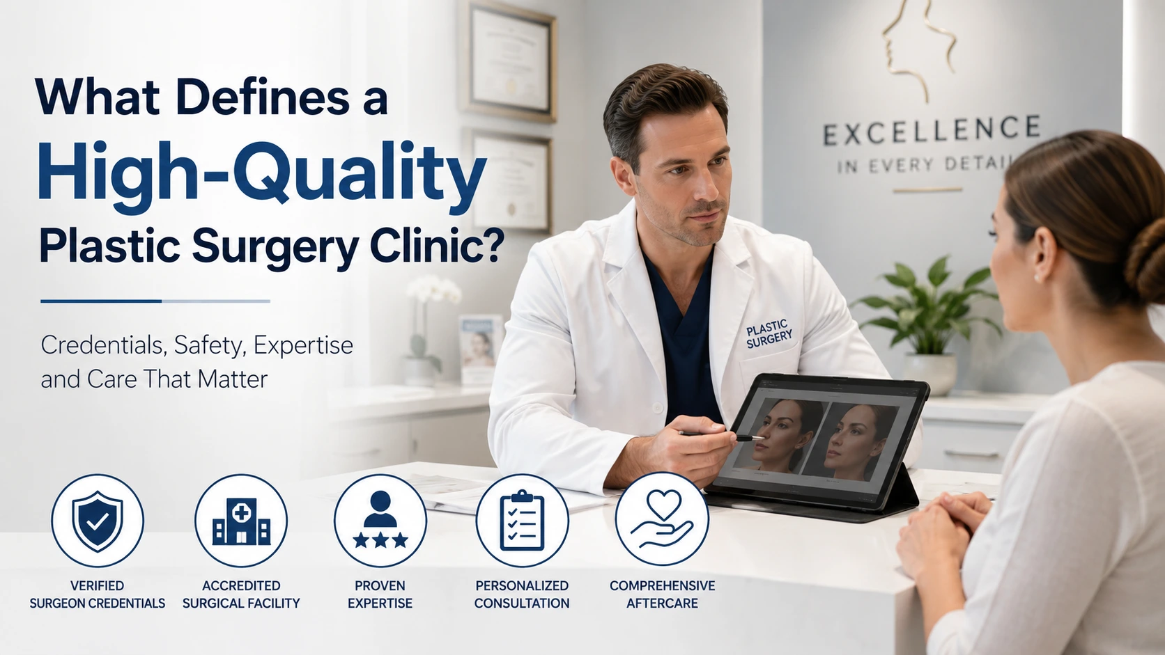 Board-certified plastic surgeon consulting with a patient in an accredited plastic surgery clinic, highlighting safety, expertise, and personalized care.