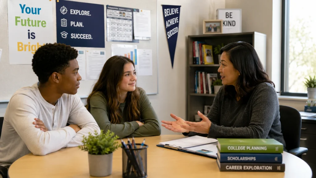 High school counselor meeting with students to discuss academic planning, college readiness, career goals, and student success.