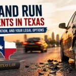 Featured image showing a damaged car after a hit-and-run accident in Texas with legal symbols representing state laws, compensation, and legal options for accident victims.