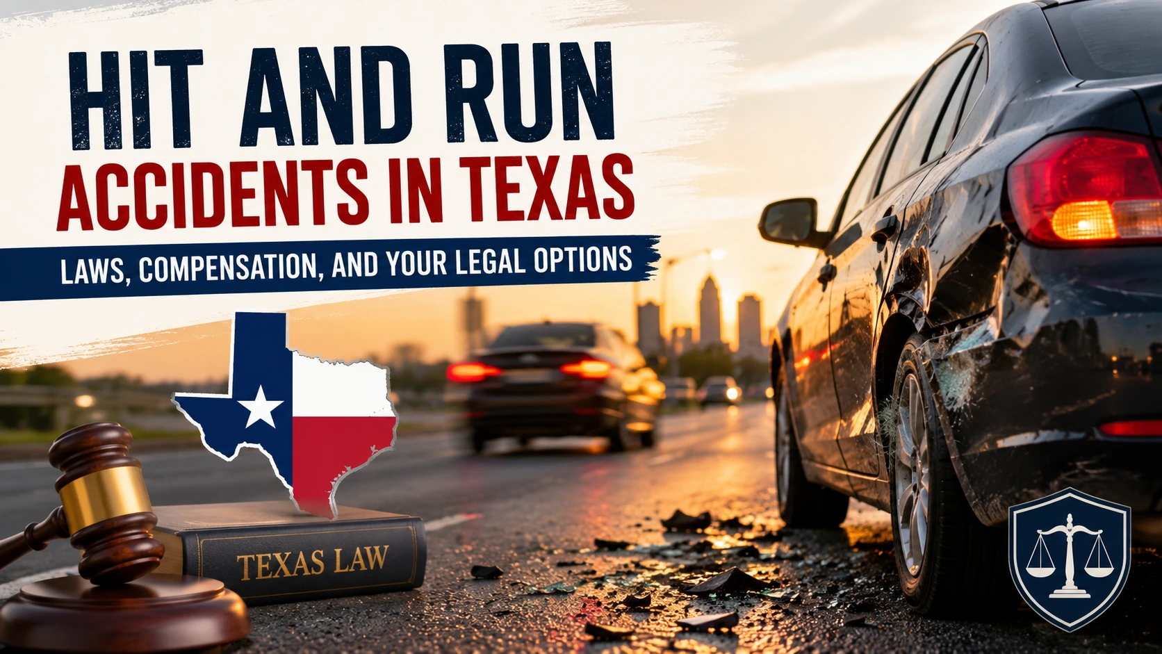 Featured image showing a damaged car after a hit-and-run accident in Texas with legal symbols representing state laws, compensation, and legal options for accident victims.