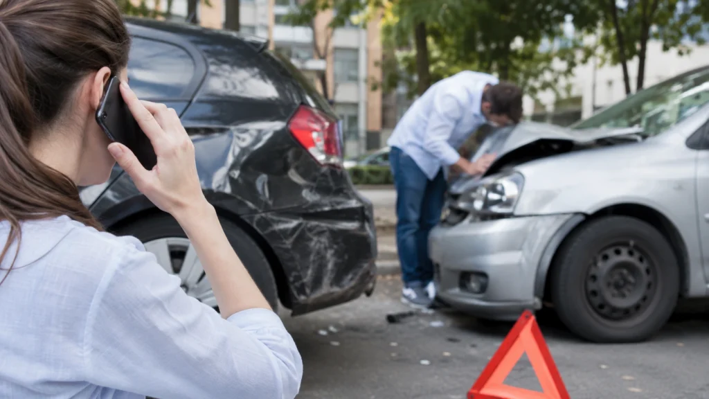 Damaged vehicles after a Texas hit-and-run accident with an injured driver calling emergency services while the other vehicle flees the scene.