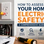 Professional electrician testing a home's electrical outlet and breaker panel to assess electrical safety and prevent electrical hazards