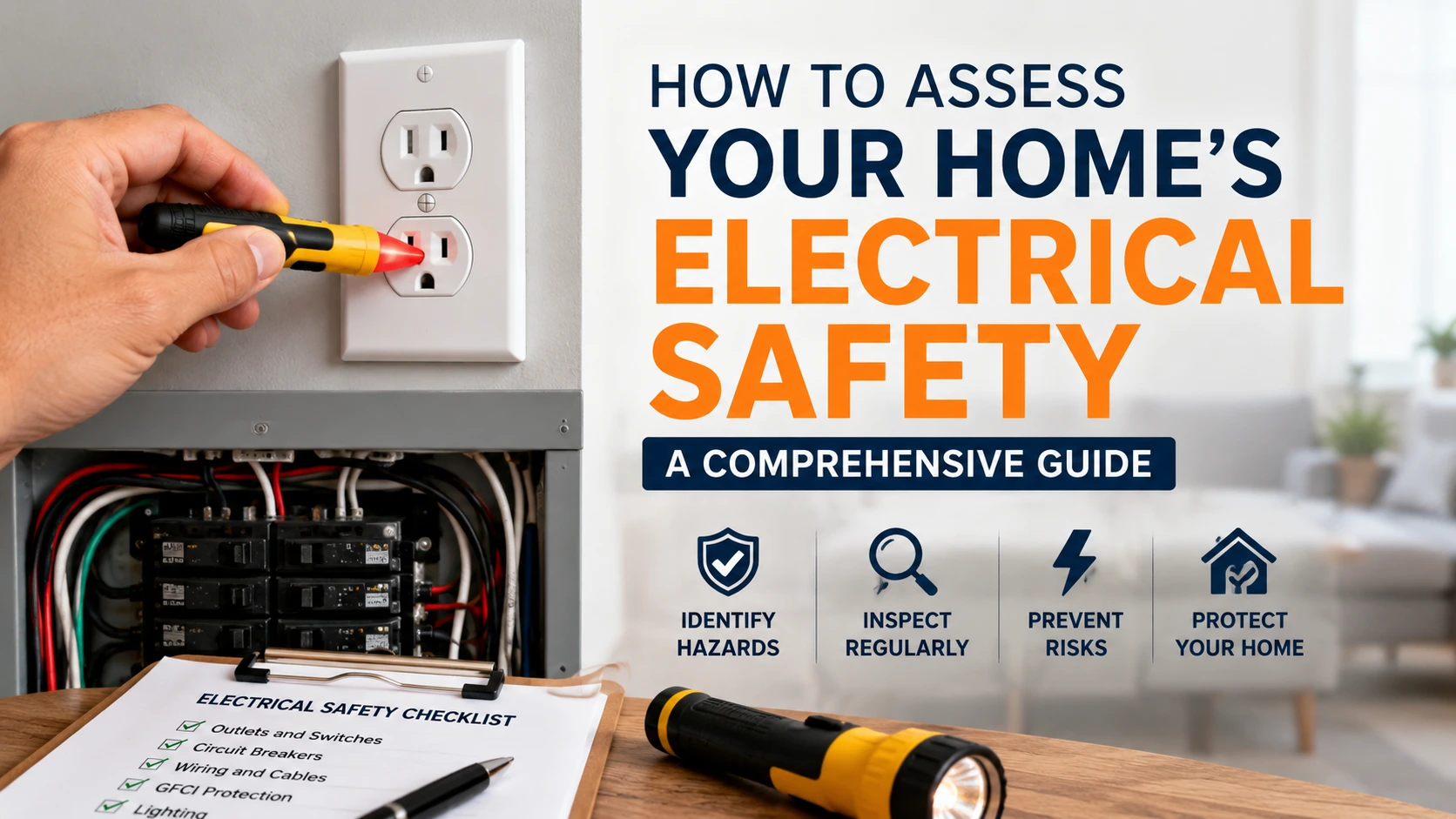 Professional electrician testing a home's electrical outlet and breaker panel to assess electrical safety and prevent electrical hazards