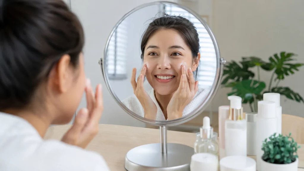 Woman smiling at her reflection after a skincare routine, representing how clearer skin can improve everyday confidence and healthy skin habits.