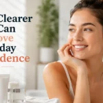 Smiling woman with clear, healthy skin in a bright skincare setting, illustrating how clearer skin can improve everyday confidence and self-esteem.
