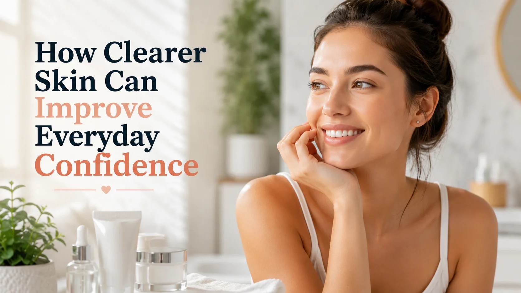 Smiling woman with clear, healthy skin in a bright skincare setting, illustrating how clearer skin can improve everyday confidence and self-esteem.