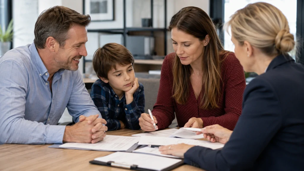 Parents meeting with collaborative divorce attorneys to create a peaceful child-focused divorce agreement in a modern office.